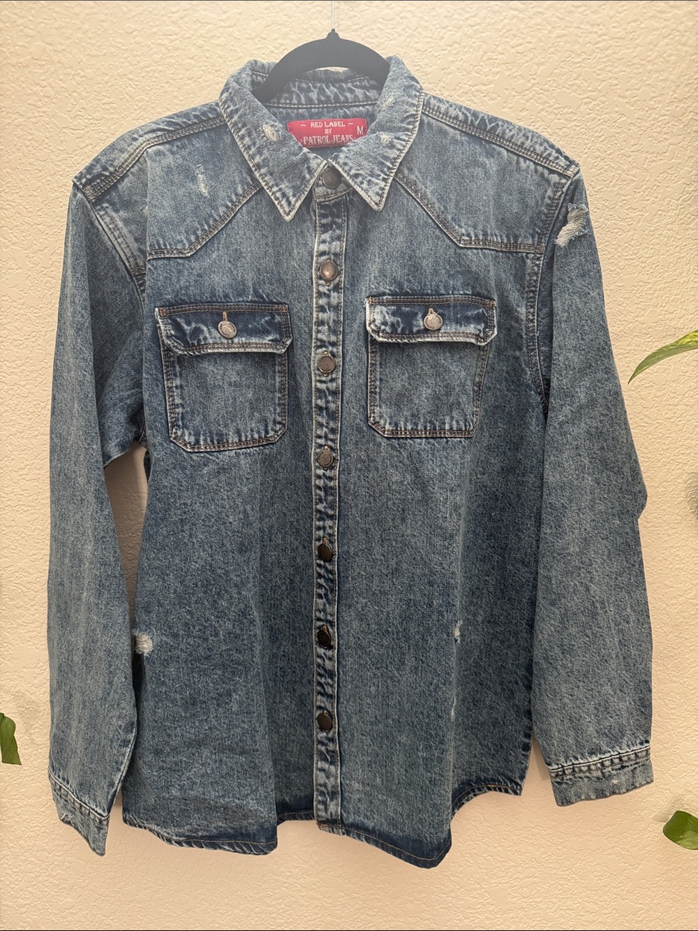 Vintage Distressed Denim Button Up Shirt Jacket Oversized Jean Shacket Size M